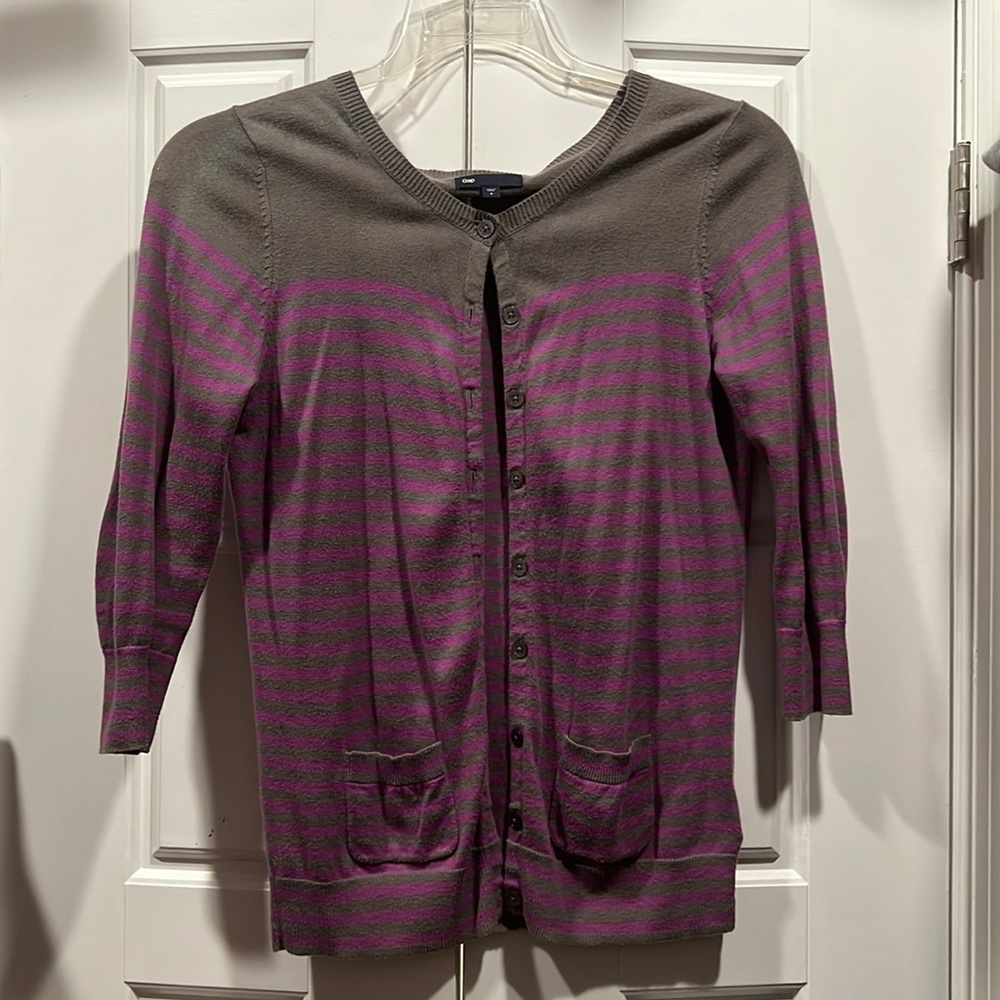 3/4 sleeve charcoal grey and purple cardigan